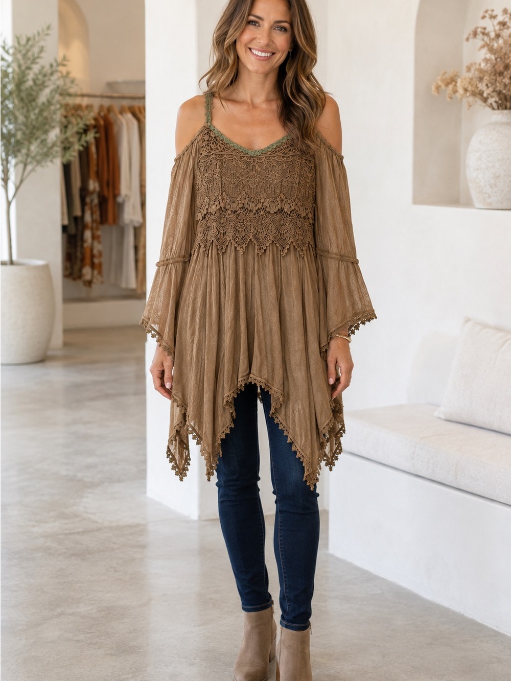 Altar'd State Brown Crochet Cold-Shoulder Boho Camisole with Green Trim